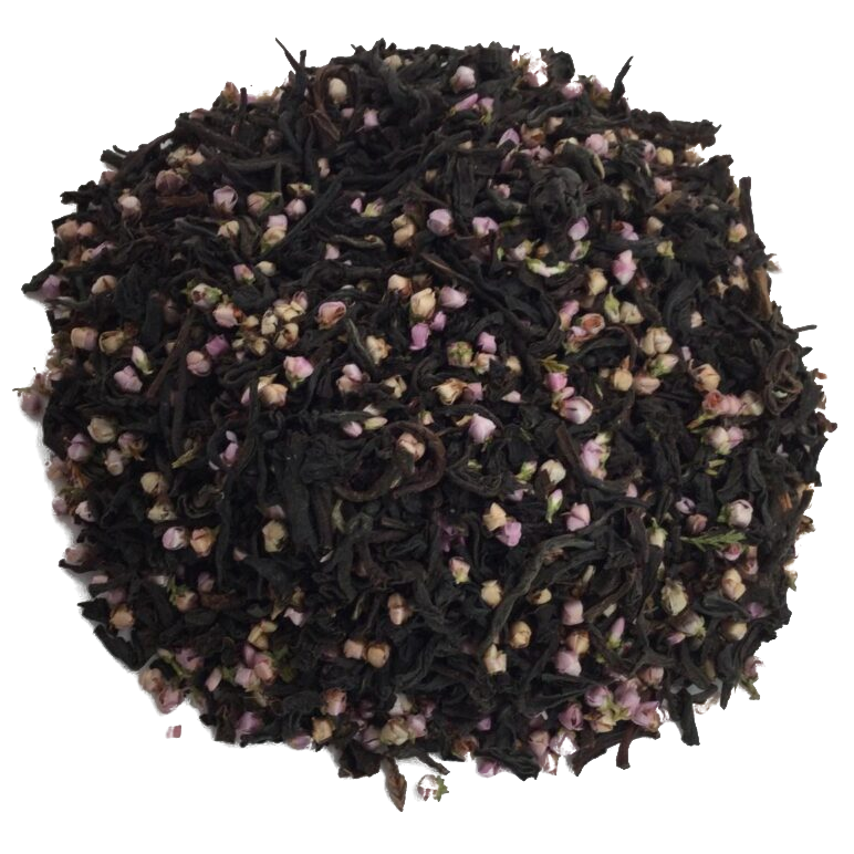 A close-up image of Scottish Highland Heather tea, showing black tea leaves blended with heather blossoms.