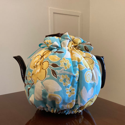 Wrap-Around Tea Cozy: Yellow Floral on Light Blue/Brown Reversible