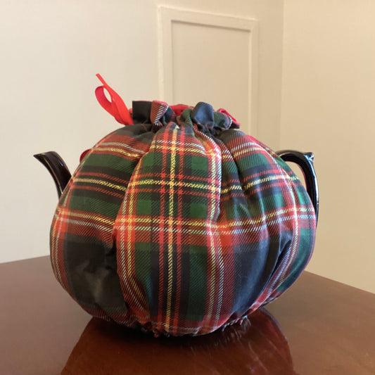 Wrap-Around Tea Cozy: Red & Green Tartan/Red Reversible