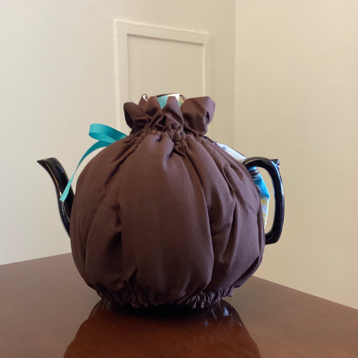 Wrap-Around Tea Cozy: Yellow Floral on Light Blue/Brown Reversible